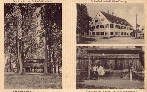 Postkarte der Schlosswirtschaft in Oberföhring, 1913. Die Postkarte ist Teil einer vom letzten Bürgermeister Oberföhrings, Fritz Meyer, 1913 in Auftrag gegebenen Postkartenserie, die das "alte" Oberföhring dokumentiert. Schön zu sehen links der in der Biedermeierzeit übliche Tanzpavillon, wie ihn zum Beispiel auch die Betz'sche Gastwirtschaft in Bogenhausen besessen hat. Rechts unten: die hölzerne Schlange. Quelle: aus: Ansichtskartensammlung "Die Gemeinde Oberföhring bei München in Wort und BiId vor der Verleibung in die Großstadt", Verlag Hans Pernat, 1913. >> zur Bildergalerie der gesamten Postkartenserie