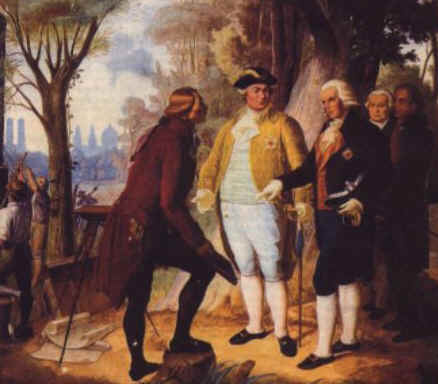 Sckell (links) erläutert Kurfürst Carl Theodor und Reichsgraf von Rumford seine Pläne