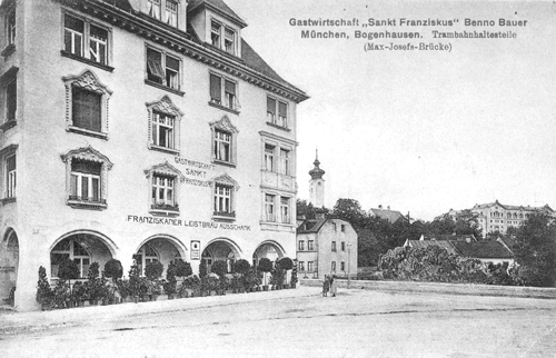 Gastwirtschaft »St. Franziskus« an der Mauerkircherstraße 2 / Ecke Montgelasstraße 1, erbaut 1906; Quelle: Willibald Karl: "Bogenhausen. Vom bäuerlichen Pfarrdorf zum noblen Stadtteil", München 1992.