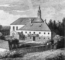 »Klause und Kapelle von St. Emmeram bei Oberföhring«, Ausschnitt aus einem Kupferstich von Simon Warnberger, 1805. Er diente dem Architekturmaler und Ziegeleibesitzer Anton Höchl als Vorlage für eine Ölkopie, die er 1852 der Pfarrkirche St. Lorenz stiftete.