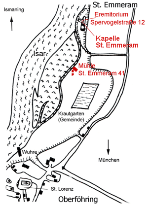 Lageplan des Ortsteils St. Emmeram in Oberföhring, 1812, nach Fritz Lutz, aus: s.o.