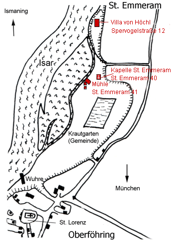 Lage der St. Emmeramsmühle in Oberföhring nach 1866, nach einem handschriftlichen Plan von Kreisheimatpfleger Fritz Lutz.