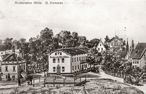 Aquarell "St. Emmeram, um 1902". In der Mitte die "Restauration Mühle St. Emmeram", flankiert von der St. Emmeramskapelle (St: Emmeram 40) rechts und dem Pumpen- und Flusswärterhäuschen (St. Emmeram 39) links. Dahinter spitzt das neugotische Giebeldach des Anwesens Spervogelstraße 2 (erbaut 1900) hervor. Quelle: Stadtarchiv München.