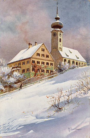 historische Postkarte, Blick auf St. Georg und das Pfarrhaus von der Königswiese aus (privat)