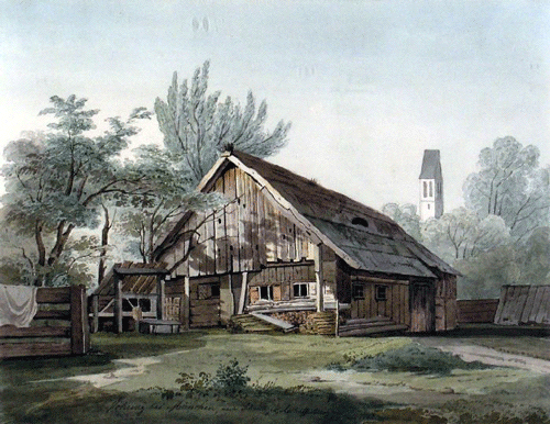 »Vöhring bei München, um 1850, nach Scheuchzer«, Aquarell. Blick auf ein bäuerliches Holzhaus, im Hintergrund St. Lorenz, Scan aus:. Thieme-Becker Bd. XXX, S. 40.