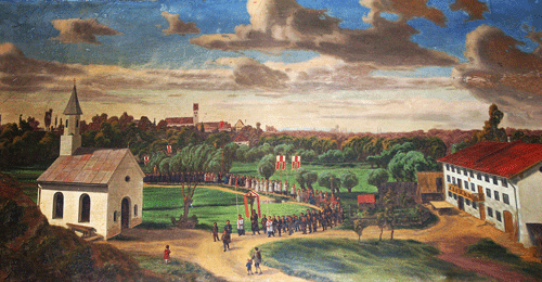 Votivtafel mit Bittprozession zur St.-Emmeram-Gedächtniskapelle, 1867, in St. Lorenz; hpt © Verein für Stadtteilkultur im Münchner Nordosten e.V., 2008