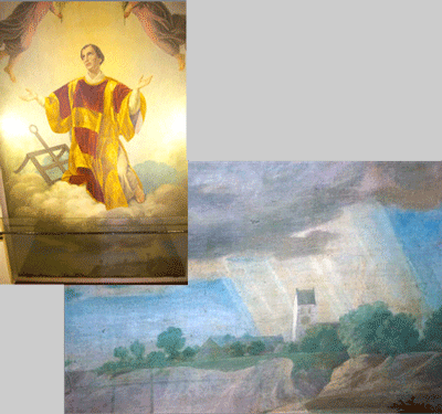 das Altarbild um 1860 (heute Pfarrheim) zeigt den Heiligen Laurentius auf Wolken über dem Isarhang thronend - St. Lorenz trägt noch den kurzen gotischen Turm.