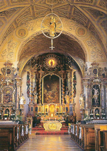 Innenraum Kirche St. Lorenz, (Postkarte) Foto Franz Summer. Links der Seitenaltar mit dem Asam-Gemäderahmen