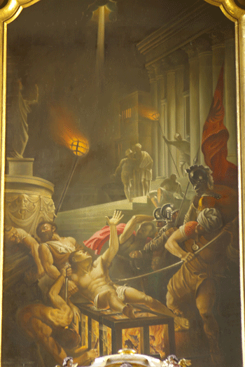 Hauptaltarbild in St. Lorenz: »Marter des Heiligen Laurentius« von C. Diebitsch (1964, Kopie nach Tizian); hpt © Verein für Stadtteilkultur im Münchner Nordosten e.V., 2008