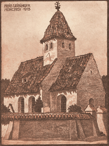 »Nikolaus Kirchlein in Englschalking«, Rötelzeichnung von Alois Leibinger, Ansichtskarte 1913