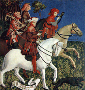 Meister der Pollinger Tafeln, Ausschnitt aus dem Kreuzaltar der Augustiner-Stiftskirche in Polling, Innenseite der Flügel, Szene: Herzog Tassilo reitet, von drei Knappen begleitet zur Jagd, 1444, Alte Pinakothek, München.