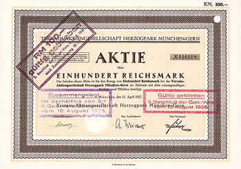 Aktie der "Terrain-Aktiengesellschaft Herzogpark München-Gern" aus dem Jahr 1927 im Wert von 100 Reichsmark.
