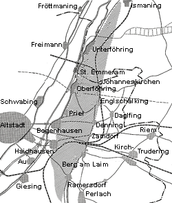 Lageplan der Lehmzunge in München (1959).