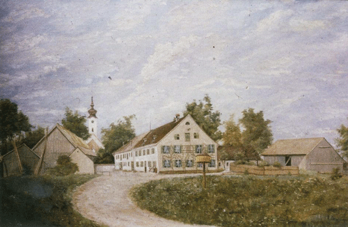 Hanselmarterhof der Familie Selmayr, Aquarell um 1880, links St. Georg © Familie Selmayr