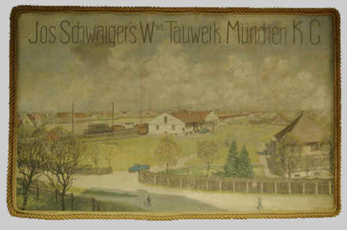 Das Daglfinger Werksgelände der Seilerei "Jos. Schwaiger's Witwe" auf einem Gemälde aus den 1930er-Jahren. Im Vordergrund die Daglfinger Straße, das Wohnhaus rechts im Vordergrund steht unverändert. Buchscan aus: Willibald Karl (Hg.): Dörfer auf dem Ziegelland, München 2002, S. 216.