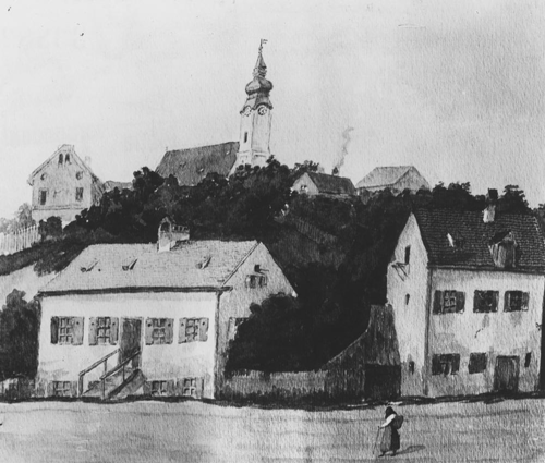 Blick von der Montgelasstraße zur Kirche St. Georg. Zeichnung um 1850. Sammlung Pettendorfer. Quelle: Stadtarchiv München, Sign, DE-1992-FS-NL-PETT1-2495