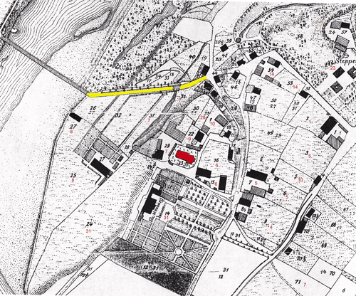 Plan der Montgelasstraße (gelb) von 1812. Rot eingezeichnet: die Kirche St. Georg (hier Nr. 23). Gegenüberliegend mit den großzügigen Parkanlagen: Schloss Neuberghausen (hier Nr. 14) am Hang (hier Nr. 24), der hinunterführt zu den Gebäuden des Brunnthals (hier Nr. 27). Steppberg (rechts oben) bezeichnet die Besitzungen des Staatsministers Graf von Montgelas.