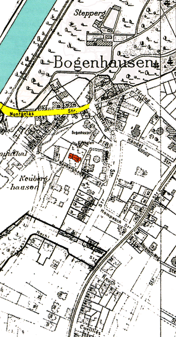 Plan Montgelasstraße 1900. Die im französischen Stil angelegten Parkanlagen von Schloss Neuberghausen sind verschwunden und sind ersetzt durch die Beamtenrelictenanstalt. Mit "Steppberg" bezeichnet der Plan die in den Isarauen liegenden Gebäudeteile des ehemaligen Montgelasgartens. An der Törringstraße (rechts außen) ist schön der Wirtsgarten der Betz'schen Gastwirtschaft zu erkennen mit dem kreisrunden Tanzpavillon.