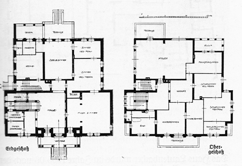 Grundriss Erd- und Obergeschoss der ehemaligen Becker-Villa; Buchscan aus: Bayerischer Architekten- und Ingenieur-Verein (Hg.): München und seine Bauten, München 1912, S. 391.