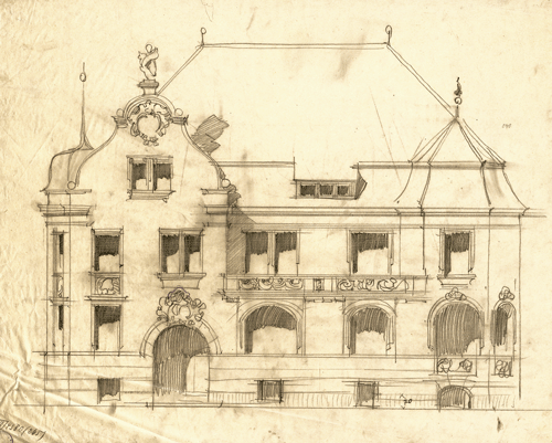 Südansicht der pompösen Villa Selmayr auf Architektenskizze; Quelle: Technische Universität München