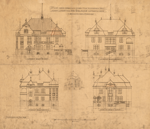 "Plan über die Erbauung einer Villa im Anwesen des Herrn Landrates Jos. Selmayr, Gutsbesitzer in Bogenhausen-München", Mai 1898. Ansichten im Uhrzeigersinn gegen Süden, Norden, Westen und Osten. Quelle: Technische Universität München