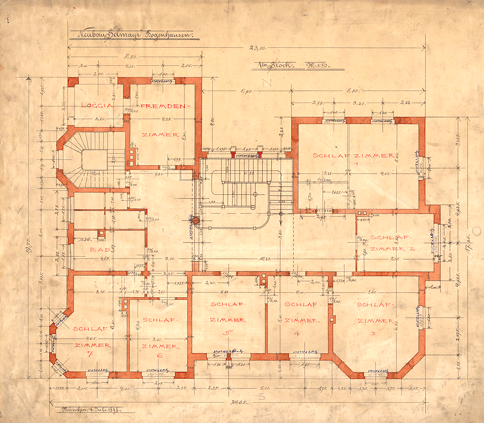 Grundriss 1. Obergeschoss "Neubau Selmayr Bogenhausen", 1898, mit sieben (!) Schlafzimmern und einem Fremdenzimmer; Quelle: Technische Universität München