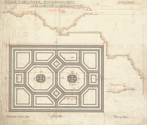 "Villa J. Selmayr Bogenhausen. Holzdecke im Speisezimmer", Entwurfsskizze Pfann, 1898; Quelle: Technische Universität München.