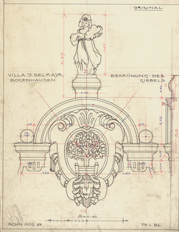 Giebelbekrönung Villa Selmayr, August 1898; Quelle: Technische Universität München.