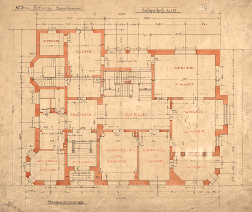 Grundriss Erdgeschoss mit allem was dazugehört: Arbeitsplatz des Herren, Speisezimmer, Empfangszimmer, Vestibül, Loggia