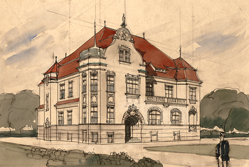 Villa für Jos. Selmayr/Bogenhausen: aquarellierte Bleistiftskizze des Architekten Paul Pfann, 1898; Quelle: Inv. Nr. VII 4580 (264), Technische Universität München