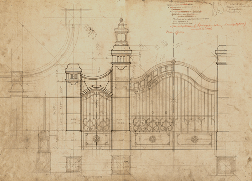 das Eingangsportal der Villa Selmayr in der Architektenskizze von Pfann und Blumentritt 1898; Quelle: Technische Universität München