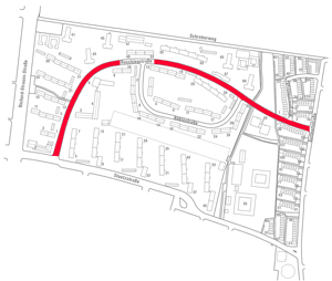 Lageplan Parkstadt Bogenhausen. Der rot markierte Straßenverlauf zeigt die Buschingstraße, nördlich davon der Schreberweg.