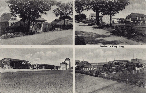 Historische Mehrbild-Ansichtskarteunten: Daglfing ca. in den 1930er- Jahren. Zu sehen ist im Uhrzeigersinn: (1) Kiosk an der Riemer Straße (2 ) Die Riemer Straße im Vordergrund und ganz rechts außen die Gaststätte "Zur Rennbahn". Ganz schwach im Hintergrund links ist ein Fabrikschlot des Gaswerks Am Kirchstein (Steinhausen) zu erkennen (3) Häuschen an der Rennbahnstraße, im Hintergrund das sogenannte "Bumpahölzl" (eigentlich "Eschbichl"), das komplett abgeholzt wurde (4) Gelände der Trabrennbahn Daglfing