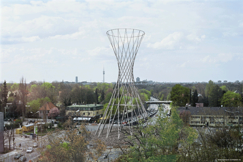 Fotocollage Effnerplatz mit geplanter Skulptur "Mae West", mit Blickrichtung auf den Isarring und die Grünanlagen des Herzogparks. Im Hintergrund die Skyline des Münchner Westens. Rechts die Häuser an der Effnerstraße, links die an der Bülowstraße. © SWM / MVG
