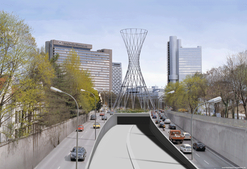 Computeranimation der geplanten 52m hohen Glasfaser-Skulptur "Mae West" der Künstlerin Prof. Rita McBride am Nordportal des Effnertunnels. Im Hintergrund die Hochhäusern des Arabellaparks. © Stadt München, 2008.