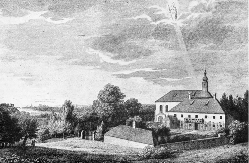 Klause von St. Emmeram bei Oberföhring, Kupferstich von Simon Warnberger, 1805; links im Hintergrund München, rechts oben in den Wolken der hl. Emmeram; im Vordergrund die Klause mit Bienenstöcken und die dahinter liegende Kapelle St. Emmeram; Vorlage der Ölkopie von Anton Höchl.