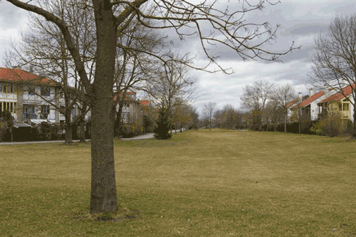 Siedlung und Grünanger "Am Eschbichl". Der Eschbichl war ein Wäldchen nördlich von Daglfing. hpt © Verein für Stadtteilkultur im Münchner Nordosten e.V., 2008.