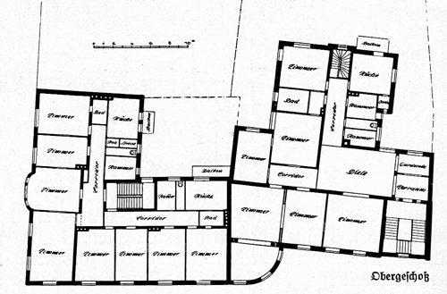 Grundriss des Obergecshosses Wohngebäude Herzogparkstraße 1; Buchscan aus: Bayerischer Architekten- und Ingenieur-Verein (Hg.): München und seine Bauten, München 1912, S. 372.