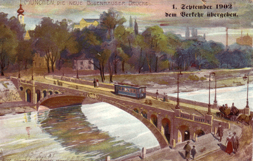 Die »Elektrische Nummer 30« auf der Bogenhausener Brücke stadtauswärts fahrend in Richtung Montgelasberg; historische Ansichtskarte; gelaufen 1903; © privat