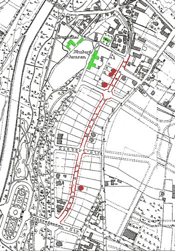 Der »Möhl'sche Plan« mit Straßenführung, Bautrassen, Bauplatzverteilung und ersten Villenbauten um 1895. Quelle: Buchscan aus: Karl, Möhlstraße. Im Plan grün markiert wurden zum besseren Verständnis das große Anwesen des »Beamtentöchterstifts« am Isarhochufer und das darunter liegende Bad Brunnthal sowie die Kirche St. Georg mit Friedhof. Die roten Punkte heben die ersten vier Villen der Möhlstraße hervor.