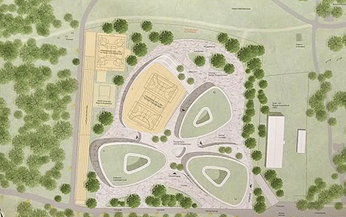 Das Wilhelm-Hausenstein-Gymnasium Mitte der 1970er-Jahre; oben die Englschalkinger Straße mit den Trambahnlinien 9 und 20 zur Endhaltestelle Cosimapark (rechts oben).