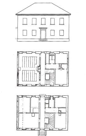 Plan des Schulgebäudes an der damaligen Kirchenstraße, Haus No. 15, von 1860. Aus. Karin Bernst, "Oberföhring. Das Dorf und seine Bewohner im 19. Jahrhundert", München 2000.