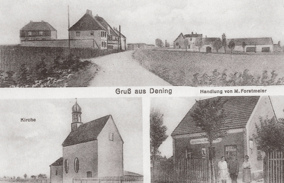 Postkarte aus "Dening" um 1930 mit der Schutzengelkapelle St. Georg (links unten) und der "Handlung" von Maria Forstmeier, dem ersten Geschäft in Denning (rechts unten). Oben quer ist eine Gesamtansicht von Denning; Scan aus: "Dörfer auf dem Ziegelland", hrsg. von Willibald Karl, München 2002.