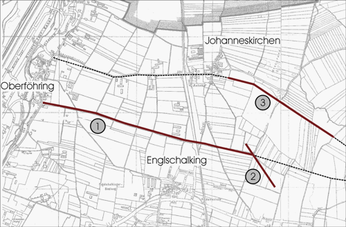 Legende: Nr. 1: spätere Salzstraße Nr. 2: vermuteter römischer Verbindungsweg nach Riem Nr. 3: nördliche Route. Durchgezogene Linie durch Luftbildaufnahmen gesicherte Lage, gepunktete Linie: vermutete Strecken Thomas Bernst, aus "Dörfer auf dem Ziegelland", hrsg. von Willibald Karl