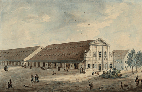 "Ansicht der Salzstadel", Aquarell von Jakob, Mitte 19. Jahrhundert, Münchner Stadtmuseum. Die Stadt München stellte öffentliche Salzstadel als Lagerhäuser zur Verfügung, da die Salzsender dazu verpflichtet waren, alles Salz, das den Inn überschritten hatte, in München niederzulegen. An der Stelle der hier abgebildeten Salzstadel befindet sich heute der Ostbahnhof.