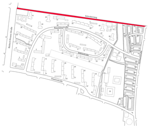 Lageplan Parkstadt Bogenhausen: der rot markierte Straßenverlauf zeigt den Schreiberweg.