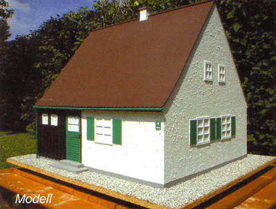 Modell eines Einfamilienhauses der Siedlung Steinhausen. Quelle: Buchscan aus der Festschrift "70 Jahre Siedlung München-Steinhausen", München 2002.