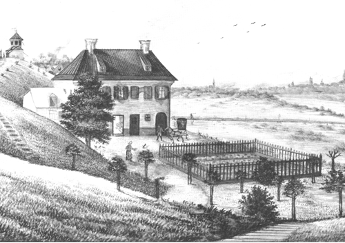 Die Höchl-Villa, ehemals Oberföhring, Haus Nr. 1 (heute Spervogelstraße 12), um 1835, damals im Besitz der Metzgerseheleute Klement und Barbara Schäffler, die darin eine Gaststätte »St. Emmeram« unterhielten. Quelle: Karin Bernst, Oberföhring. Das Dorf und seine Bewohner im 19. Jahrhundert, München 2000.