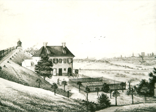 "Das Haus des Barons Wohnlich in Oberföhring mit Blick auf München", anonymes Aquarell, um 1835. Aus: "Schönes altes München", hrsg. vom Kreis der Freunde Alt-Münchens, München 1965.
