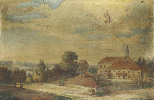 Ölgemälde "Wallfahrtskirche und Eremitorium St. Emmeram", von Anton Höchl, Pfarrkirche St. Lorenz, 1852; Foto von hpt © Verein für Stadtteilkultur im Münchner Nordosten e.V., 2008.